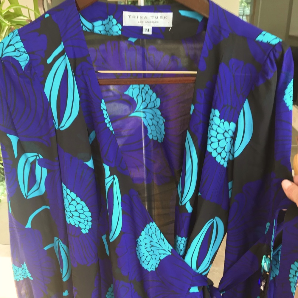 Trina Turk Silk Purple and Turquoise Floral Print Blouse